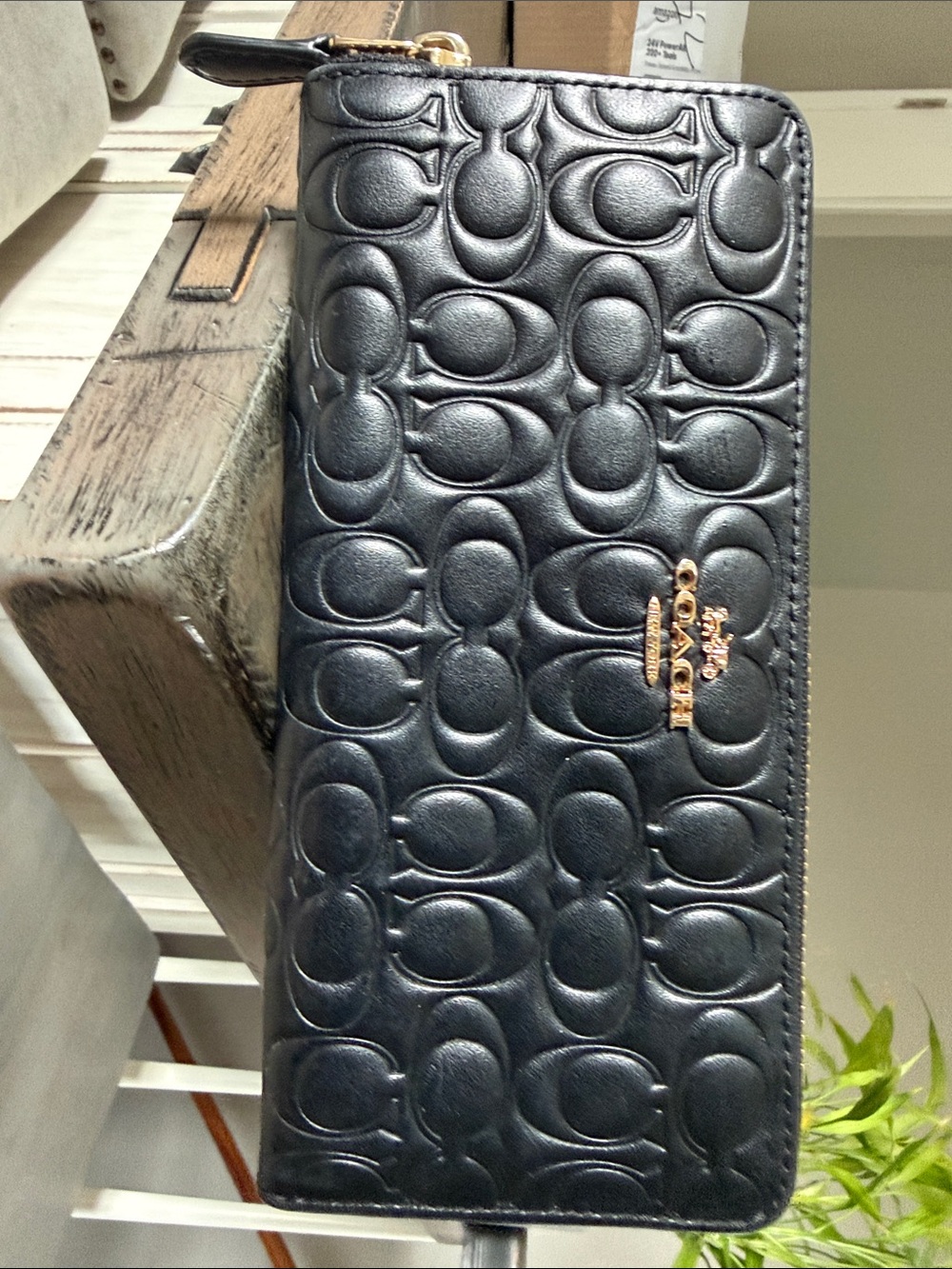 Coach Black Quilted Signature Zip-Around Wallet with Gold Logo